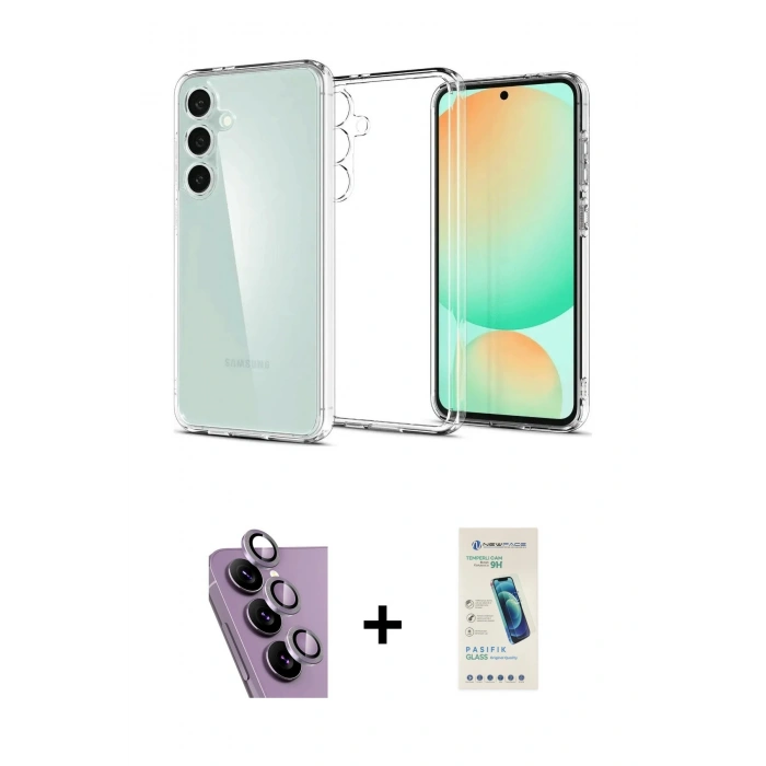MARSİLYAN™- Galaxy S24 FE Kılıf Zirve Doku - Şeffaf Pasifik Cam Ekran Koruyucu + Raze Metal Kamera Lens - MR