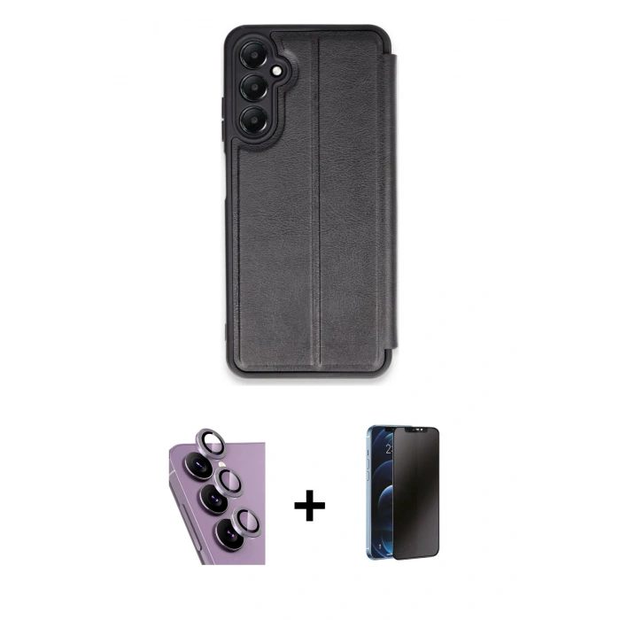 MARSİLYAN™- Galaxy S24 FE Kılıf Zirve Yansıma Serisi - Siyah 3D Antistatik Hayalet Cam Ekran Koruyucu + Raze Metal Kamera Lens - MR