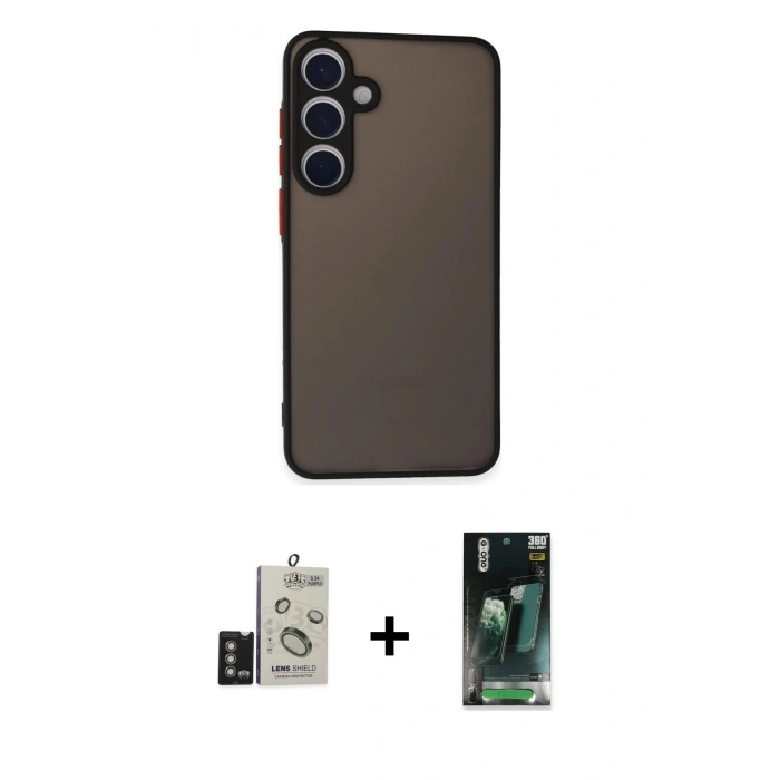 MARSİLYAN™- Galaxy S24 Kılıf Ahenk Çizgi Serisi - Siyah 360 Mat Full Body Arka Koruyucu + Bilvis Titan Kamera Lens - DNMR