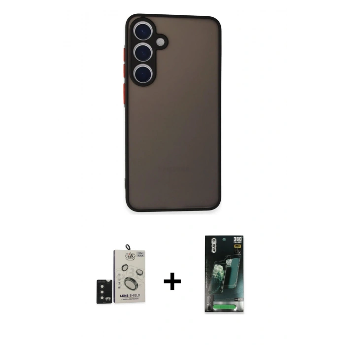 MARSİLYAN™- Galaxy S24 Kılıf Ahenk Çizgi Serisi - Siyah 360 Mat Full Body Arka Koruyucu + Bilvis Titan Kamera Lens - SH