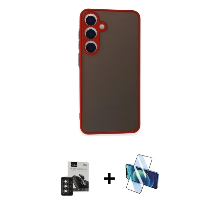 MARSİLYAN™- Galaxy S24 Kılıf Ahenk Çizgi Serisi - Siyah 3D Antistatik Cam Ekran Koruyucu + PVD Metal Kamera Lens - DNMR