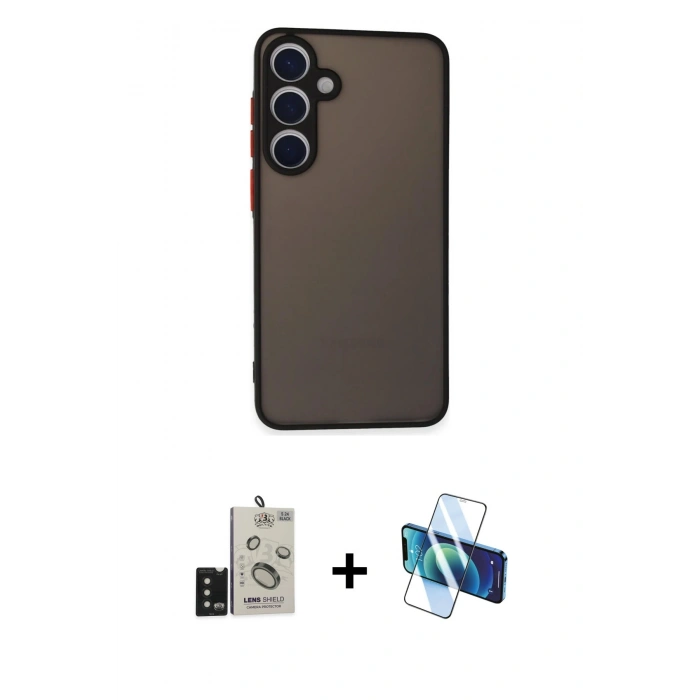 MARSİLYAN™- Galaxy S24 Kılıf Ahenk Çizgi Serisi - Siyah 3D Antistatik Cam Ekran Koruyucu + Bilvis Titan Kamera Lens - SH
