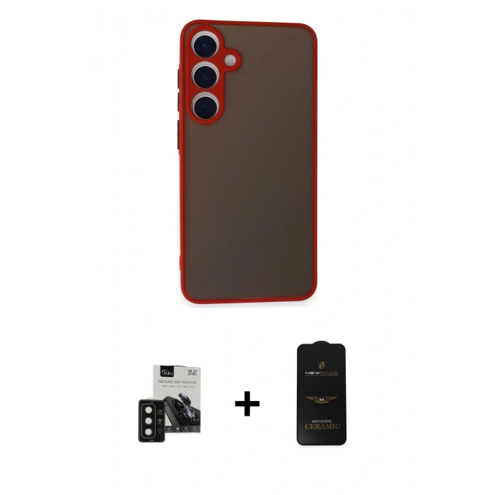 MARSİLYAN™- Galaxy S24 Kılıf Ahenk Çizgi Serisi - Siyah 6D Antistatik Mat Seramik Hayalet Nano Ekran Koruyucu + PVD Metal Kamera Lens - SH