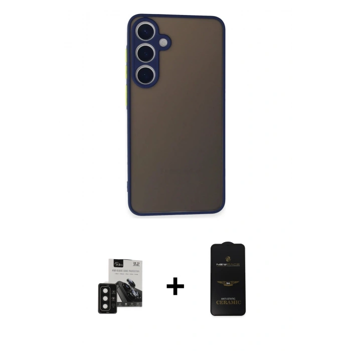 MARSİLYAN™- Galaxy S24 Kılıf Ahenk Çizgi Serisi - Siyah 6D Antistatik Mat Seramik Hayalet Nano Ekran Koruyucu + PVD Metal Kamera Lens - SH