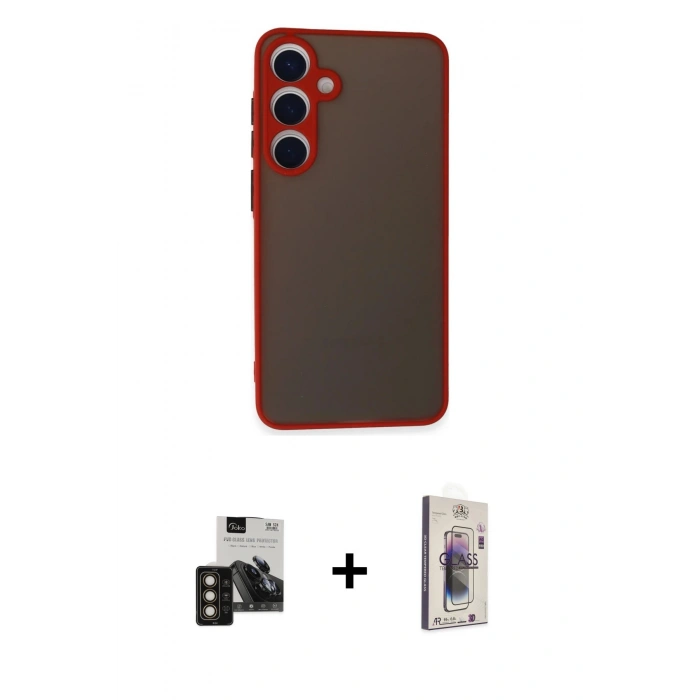MARSİLYAN™- Galaxy S24 Kılıf Ahenk Çizgi Serisi - Siyah Bilvis 3D Cam Ekran Koruyucu + PVD Metal Kamera Lens - GD