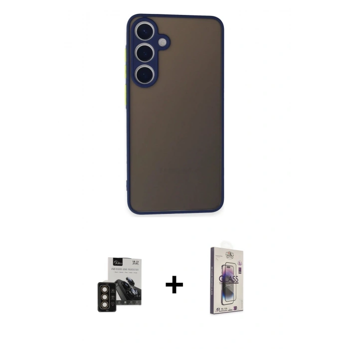 MARSİLYAN™- Galaxy S24 Kılıf Ahenk Çizgi Serisi - Siyah Bilvis 3D Cam Ekran Koruyucu + PVD Metal Kamera Lens - GD
