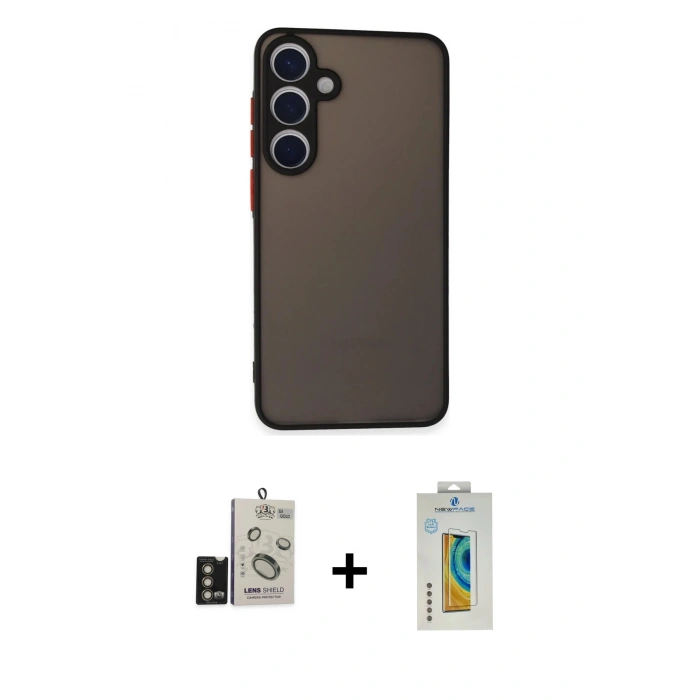 MARSİLYAN™- Galaxy S24 Kılıf Ahenk Çizgi Serisi - Siyah Polymer Nano Ekran Koruyucu + Bilvis Titan Kamera Lens - GD