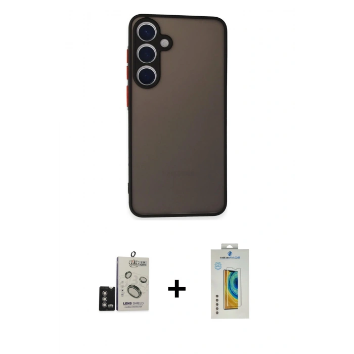 MARSİLYAN™- Galaxy S24 Kılıf Ahenk Çizgi Serisi - Siyah Polymer Nano Ekran Koruyucu + Bilvis Titan Kamera Lens - DNMR