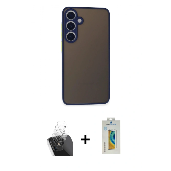 MARSİLYAN™- Galaxy S24 Kılıf Ahenk Çizgi Serisi - Siyah Polymer Nano Ekran Koruyucu + Kamera Lens Koruma Cam - SF