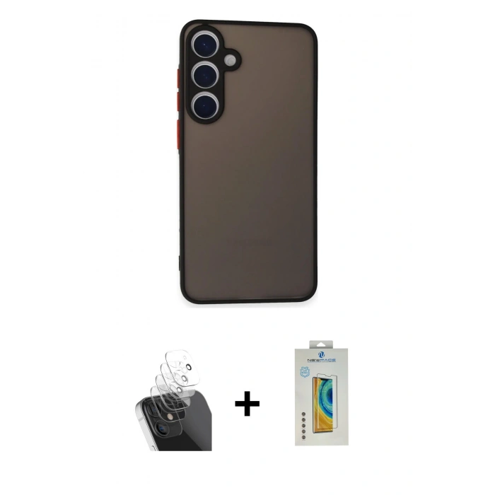 MARSİLYAN™- Galaxy S24 Kılıf Ahenk Çizgi Serisi - Siyah Polymer Nano Ekran Koruyucu + Kamera Lens Koruma Cam - SF