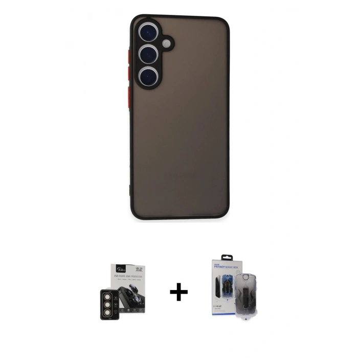 MARSİLYAN™- Galaxy S24 Kılıf Ahenk Çizgi Serisi - Siyah Vanessa Magic Hayalet Cam + PVD Metal Kamera Lens - GD