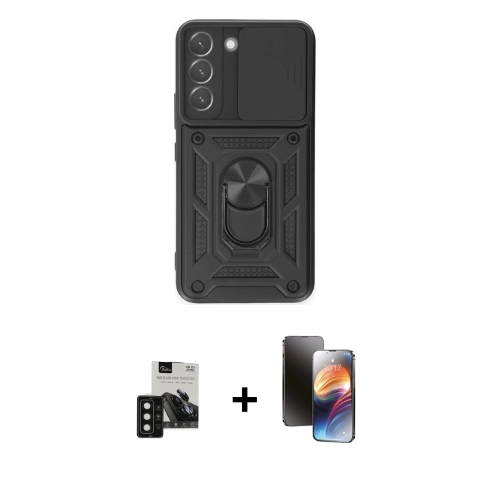 MARSİLYAN™- Galaxy S24 Kılıf Ahenk Klasik - Siyah 3D Antistatik Mat Seramik Nano Ekran Koruyucu + PVD Metal Kamera Lens - SH