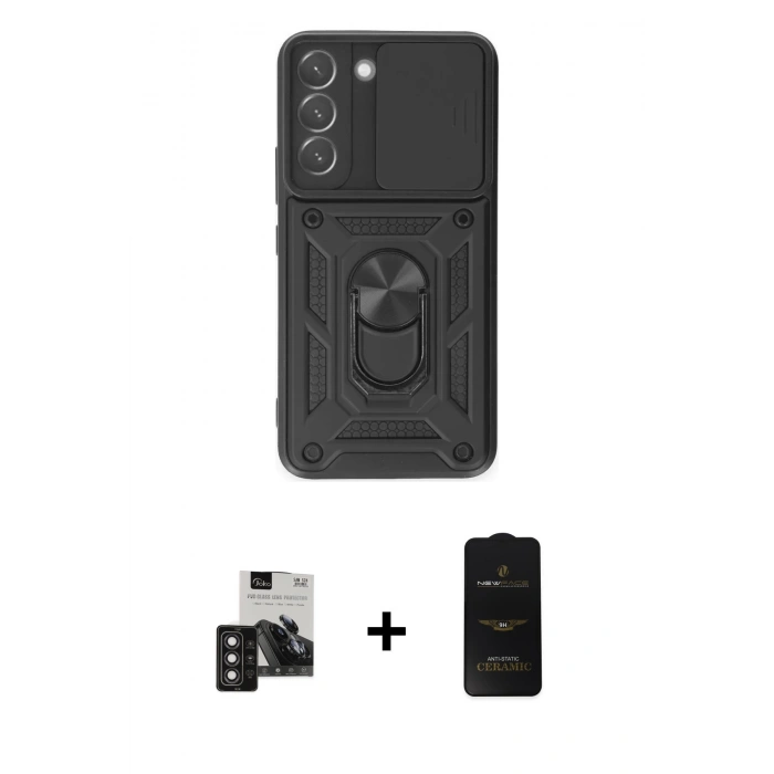 MARSİLYAN™- Galaxy S24 Kılıf Ahenk Klasik - Siyah 6D Antistatik Mat Seramik Hayalet Nano Ekran Koruyucu + PVD Metal Kamera Lens - DNMR