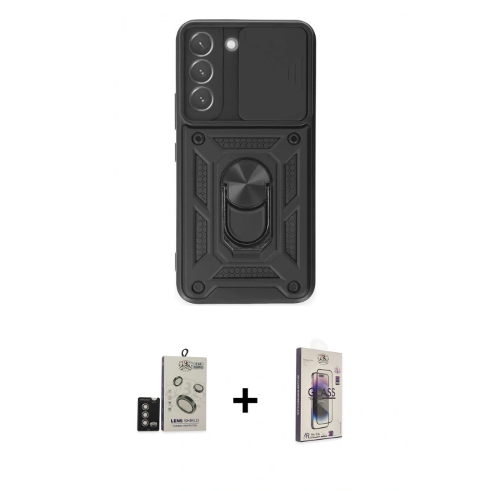 MARSİLYAN™- Galaxy S24 Kılıf Ahenk Klasik - Siyah Bilvis 3D Cam Ekran Koruyucu + Bilvis Titan Kamera Lens - DNMR