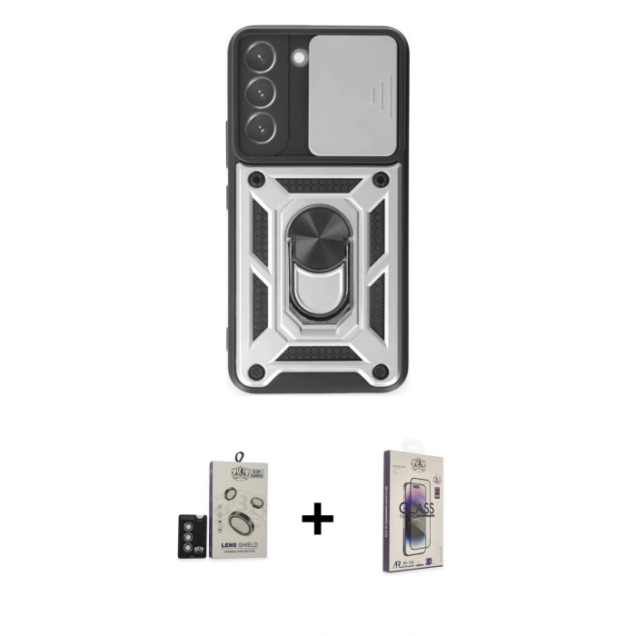 MARSİLYAN™- Galaxy S24 Kılıf Ahenk Klasik - Siyah Bilvis 3D Cam Ekran Koruyucu + Bilvis Titan Kamera Lens - DNMR