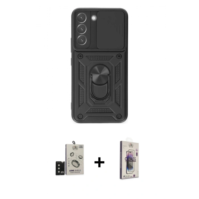 MARSİLYAN™- Galaxy S24 Kılıf Ahenk Klasik - Siyah Bilvis 3D Cam Ekran Koruyucu + Bilvis Titan Kamera Lens - SH