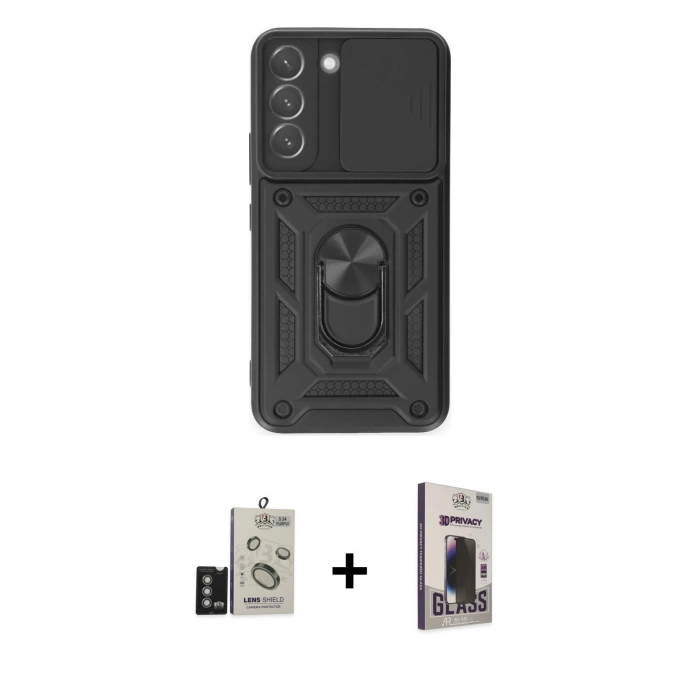 MARSİLYAN™- Galaxy S24 Kılıf Ahenk Klasik - Siyah Bilvis Hayalet Cam Ekran Koruyucu + Bilvis Titan Kamera Lens - DNMR