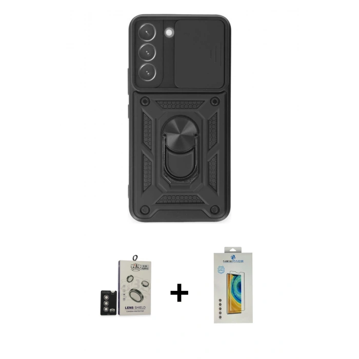 MARSİLYAN™- Galaxy S24 Kılıf Ahenk Klasik - Siyah Polymer Nano Ekran Koruyucu + Bilvis Titan Kamera Lens - DNMR