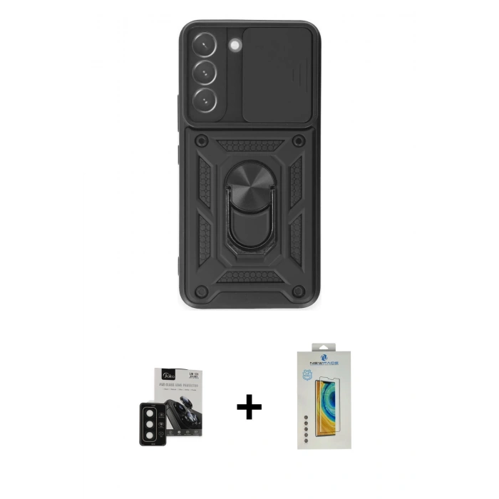 MARSİLYAN™- Galaxy S24 Kılıf Ahenk Klasik - Siyah Polymer Nano Ekran Koruyucu + PVD Metal Kamera Lens - SH