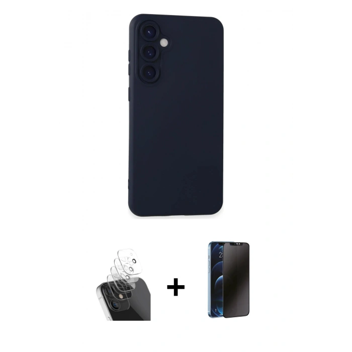 MARSİLYAN™- Galaxy S24 Kılıf Ahenk Serisi - Siyah 3D Antistatik Hayalet Cam Ekran Koruyucu + Kamera Lens Koruma Cam - SF