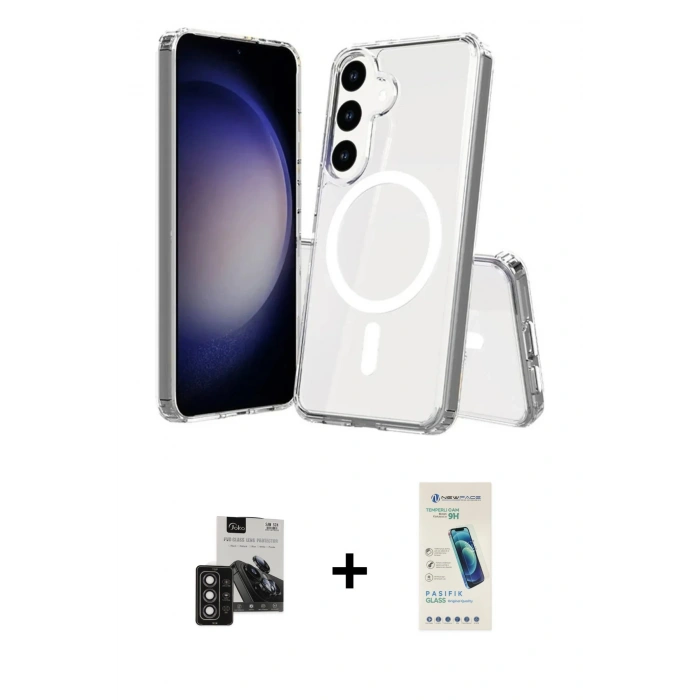 MARSİLYAN™- Galaxy S24 Kılıf Ahenk Yansıma Prime - Şeffaf Pasifik Cam Ekran Koruyucu + PVD Metal Kamera Lens - DNMR