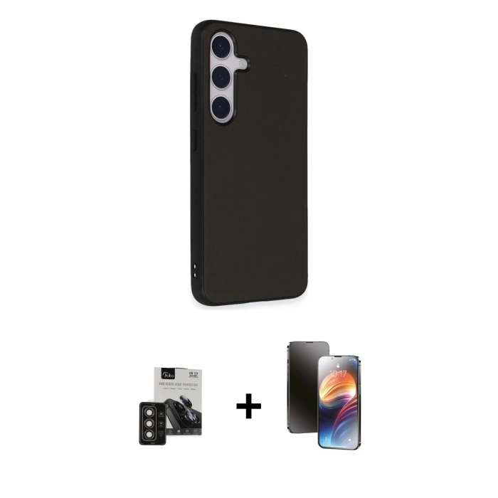 MARSİLYAN™- Galaxy S24 Kılıf Akış Asil Koleksiyonu - Siyah 3D Antistatik Mat Seramik Nano Ekran Koruyucu + PVD Metal Kamera Lens - TNGI