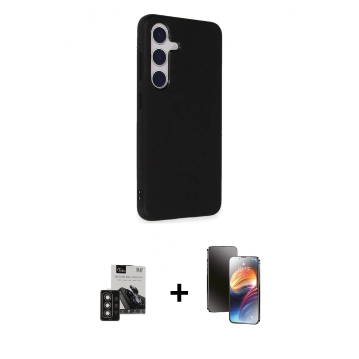 MARSİLYAN™- Galaxy S24 Kılıf Akış Asil Koleksiyonu - Siyah 3D Antistatik Mat Seramik Nano Ekran Koruyucu + PVD Metal Kamera Lens - TNGI