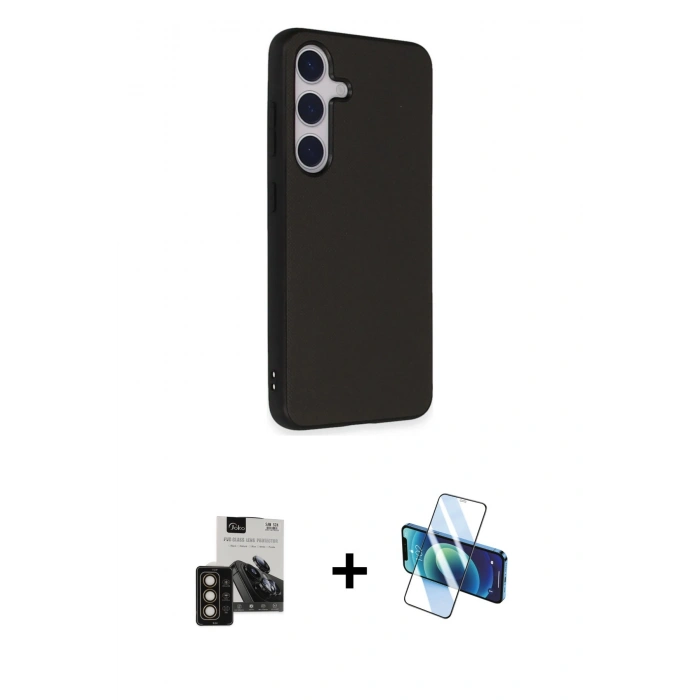 MARSİLYAN™- Galaxy S24 Kılıf Akış Asil Koleksiyonu - Siyah 3D Antistatik Seramik Nano Ekran Koruyucu + PVD Metal Kamera Lens - GD