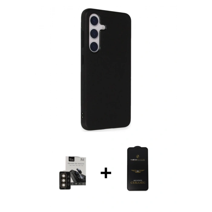 MARSİLYAN™- Galaxy S24 Kılıf Akış Asil Koleksiyonu - Siyah 6D Antistatik Mat Seramik Hayalet Nano Ekran Koruyucu + PVD Metal Kamera Lens - GD