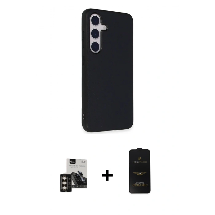 MARSİLYAN™- Galaxy S24 Kılıf Akış Asil Koleksiyonu - Siyah 6D Antistatik Mat Seramik Hayalet Nano Ekran Koruyucu + PVD Metal Kamera Lens - GD