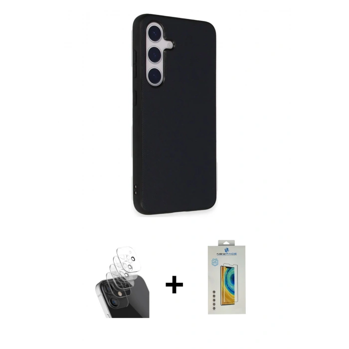 MARSİLYAN™- Galaxy S24 Kılıf Akış Asil Koleksiyonu - Siyah Polymer Nano Ekran Koruyucu + Şeffaf Kamera Lens Koruma Cam