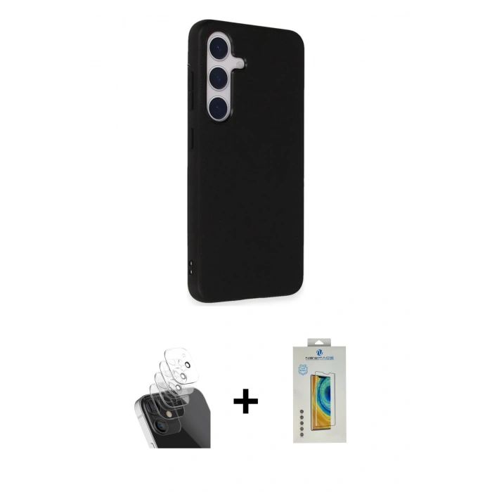 MARSİLYAN™- Galaxy S24 Kılıf Akış Asil Koleksiyonu - Siyah Polymer Nano Ekran Koruyucu + Şeffaf Kamera Lens Koruma Cam