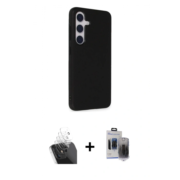 MARSİLYAN™- Galaxy S24 Kılıf Akış Asil Koleksiyonu - Siyah Vanessa Magic Hayalet Cam + Kamera Lens Koruma Cam - SF