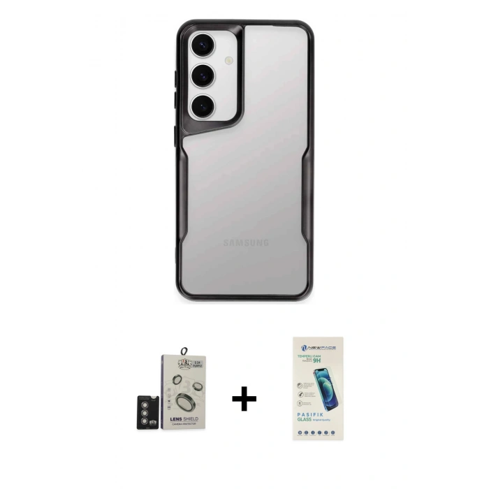 MARSİLYAN™- Galaxy S24 Kılıf Akış Çizgi Koleksiyonu - Şeffaf Pasifik Cam Ekran Koruyucu + Bilvis Titan Kamera Lens - DNMR