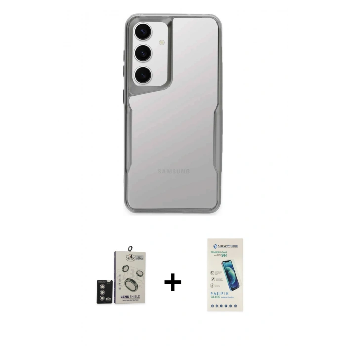 MARSİLYAN™- Galaxy S24 Kılıf Akış Çizgi Koleksiyonu - Şeffaf Pasifik Cam Ekran Koruyucu + Bilvis Titan Kamera Lens - DNMR