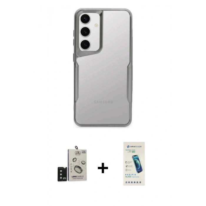 MARSİLYAN™- Galaxy S24 Kılıf Akış Çizgi Koleksiyonu - Şeffaf Pasifik Cam Ekran Koruyucu + Bilvis Titan Kamera Lens - SH