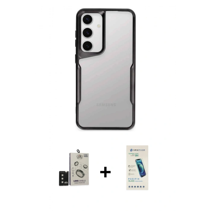 MARSİLYAN™- Galaxy S24 Kılıf Akış Çizgi Koleksiyonu - Şeffaf Pasifik Cam Ekran Koruyucu + Bilvis Titan Kamera Lens - SH