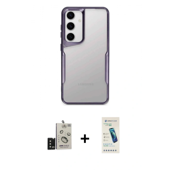 MARSİLYAN™- Galaxy S24 Kılıf Akış Çizgi Koleksiyonu - Şeffaf Pasifik Cam Ekran Koruyucu + Bilvis Titan Kamera Lens - SH