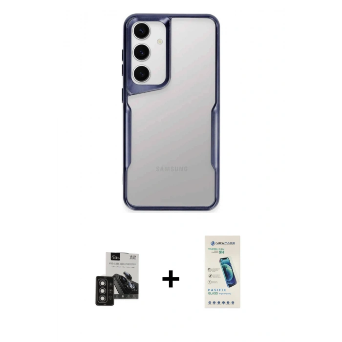 MARSİLYAN™- Galaxy S24 Kılıf Akış Çizgi Koleksiyonu - Şeffaf Pasifik Cam Ekran Koruyucu + PVD Metal Kamera Lens - TNGI