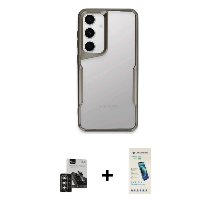 MARSİLYAN™- Galaxy S24 Kılıf Akış Çizgi Koleksiyonu - Şeffaf Pasifik Cam Ekran Koruyucu + PVD Metal Kamera Lens - TNGI