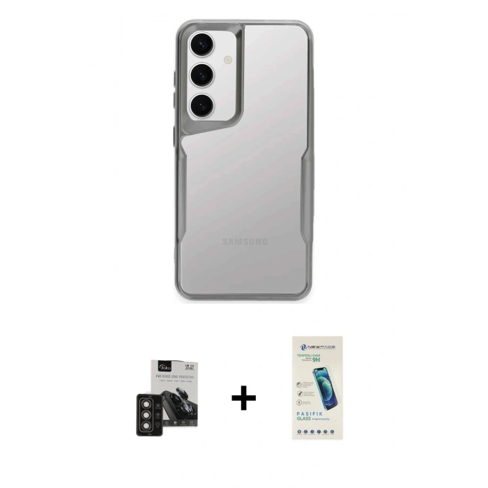 MARSİLYAN™- Galaxy S24 Kılıf Akış Çizgi Koleksiyonu - Şeffaf Pasifik Cam Ekran Koruyucu + PVD Metal Kamera Lens - TNGI