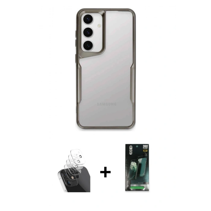 MARSİLYAN™- Galaxy S24 Kılıf Akış Çizgi Koleksiyonu - Siyah 360 Mat Full Body Arka Koruyucu + Kamera Lens Koruma Cam - SF