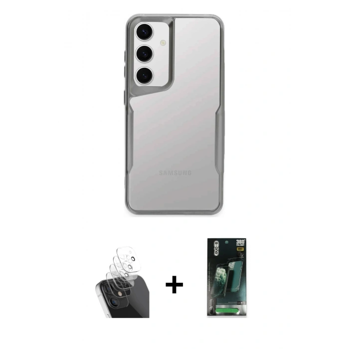 MARSİLYAN™- Galaxy S24 Kılıf Akış Çizgi Koleksiyonu - Siyah 360 Mat Full Body Arka Koruyucu + Kamera Lens Koruma Cam - SF