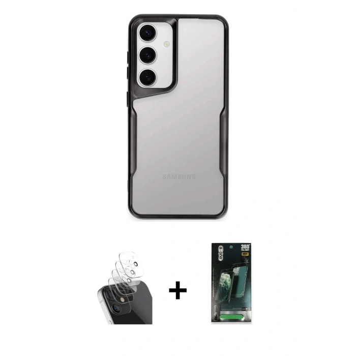 MARSİLYAN™- Galaxy S24 Kılıf Akış Çizgi Koleksiyonu - Siyah 360 Mat Full Body Arka Koruyucu + Kamera Lens Koruma Cam - SF