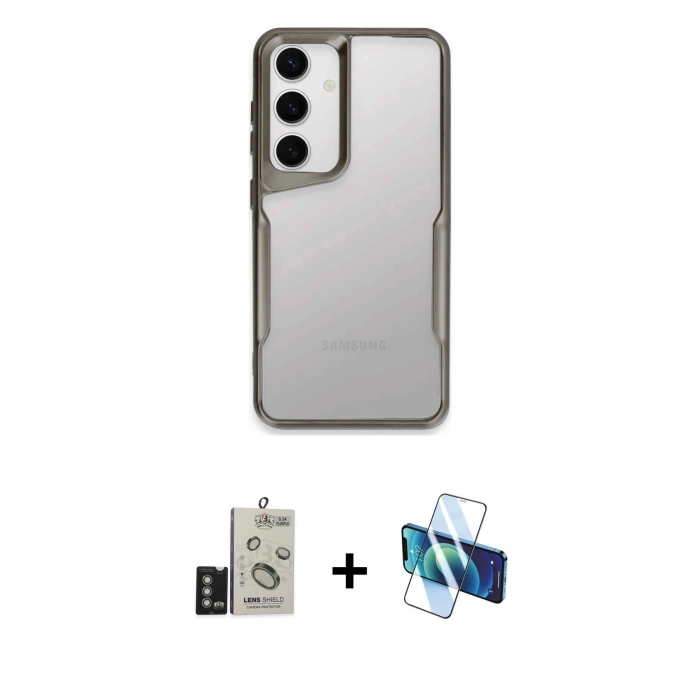 MARSİLYAN™- Galaxy S24 Kılıf Akış Çizgi Koleksiyonu - Siyah 3D Antistatik Cam Ekran Koruyucu + Derin Mor Bilvis Titan Kamera Lens