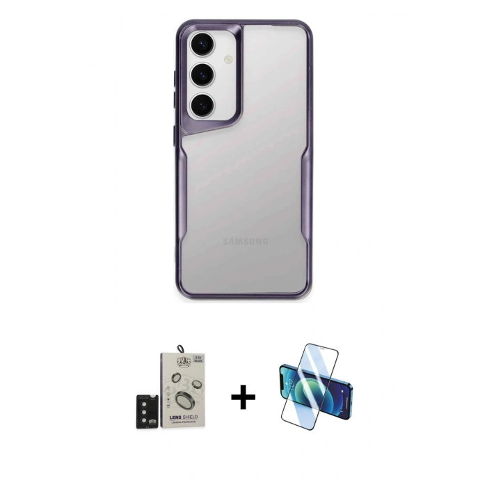 MARSİLYAN™- Galaxy S24 Kılıf Akış Çizgi Koleksiyonu - Siyah 3D Antistatik Cam Ekran Koruyucu + Bilvis Titan Kamera Lens - SH