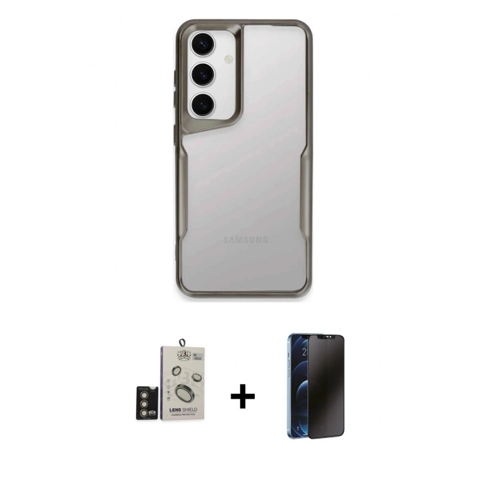 MARSİLYAN™- Galaxy S24 Kılıf Akış Çizgi Koleksiyonu - Siyah 3D Antistatik Hayalet Cam Ekran Koruyucu + Bilvis Titan Kamera Lens - GD