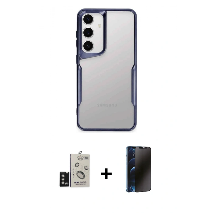 MARSİLYAN™- Galaxy S24 Kılıf Akış Çizgi Koleksiyonu - Siyah 3D Antistatik Hayalet Cam Ekran Koruyucu + Bilvis Titan Kamera Lens - TMGI