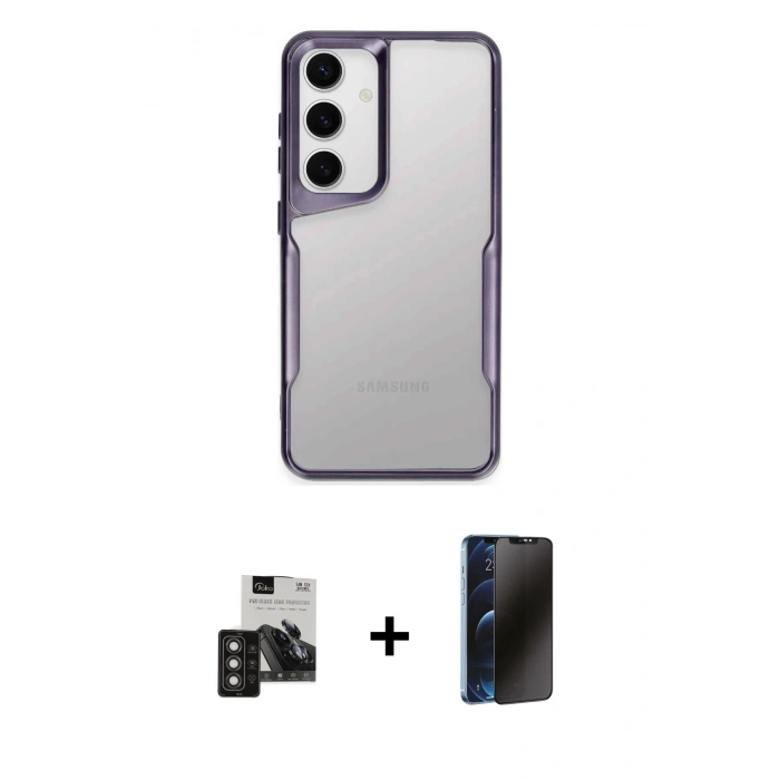 MARSİLYAN™- Galaxy S24 Kılıf Akış Çizgi Koleksiyonu - Siyah 3D Antistatik Hayalet Cam Ekran Koruyucu + PVD Metal Kamera Lens - TNGI