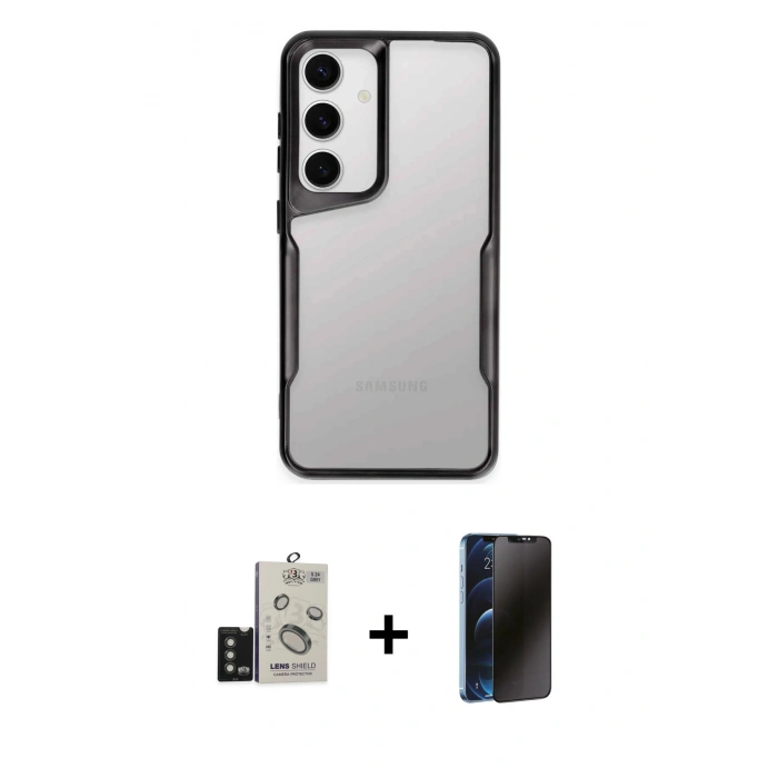 MARSİLYAN™- Galaxy S24 Kılıf Akış Çizgi Koleksiyonu - Siyah 3D Antistatik Hayalet Cam Ekran Koruyucu + Bilvis Titan Kamera Lens - TMGI